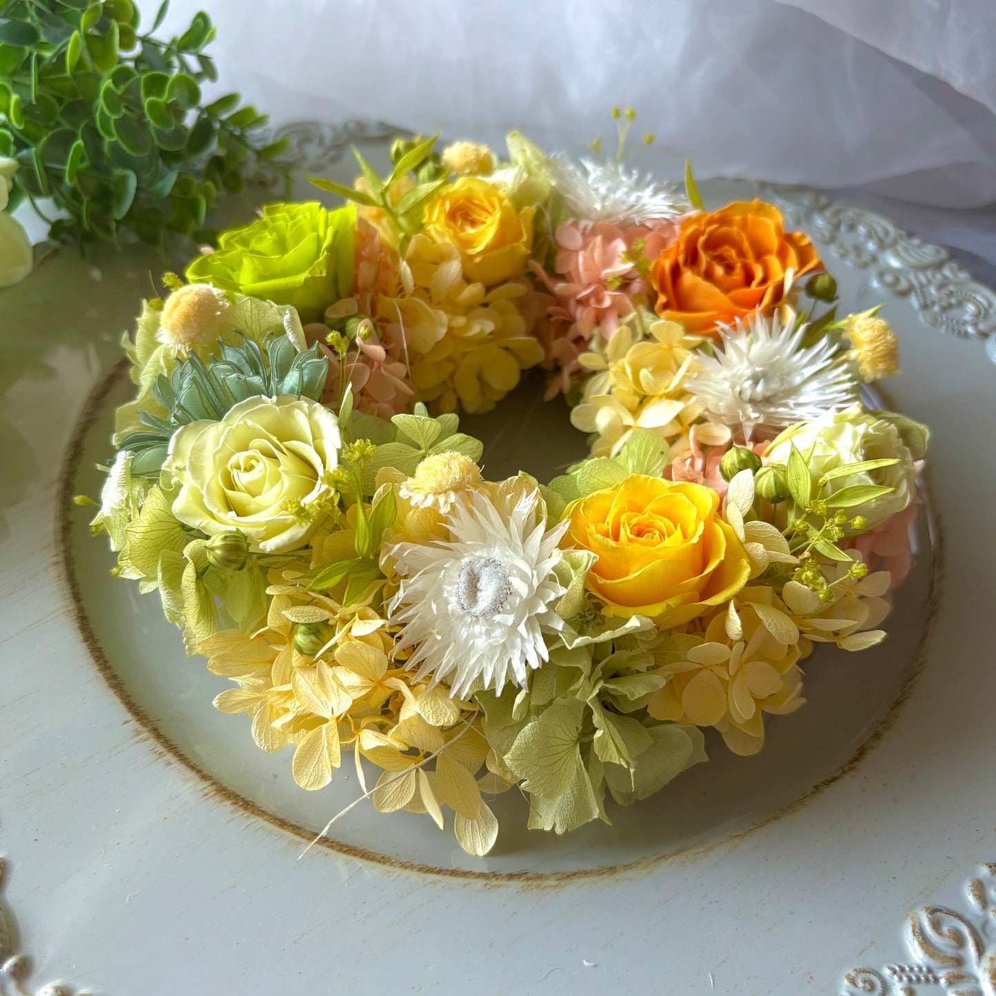 Gyu-To.flower　プリザーブドフラワーリース　　green×yellow系032